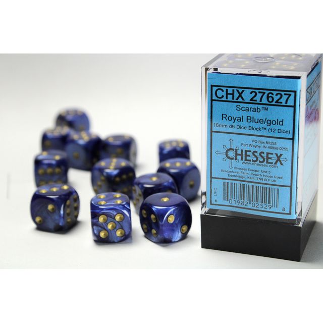 CHX 27627 Scarab Royal Blue/gold 16mm d6 Dice Block (12 dice)