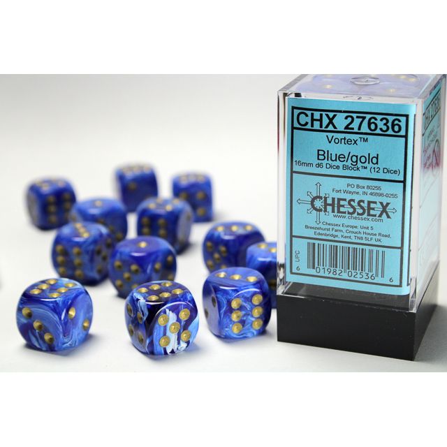 CHX 27636 Vortex Blue/gold 16mm d6 Dice Block (12 dice)