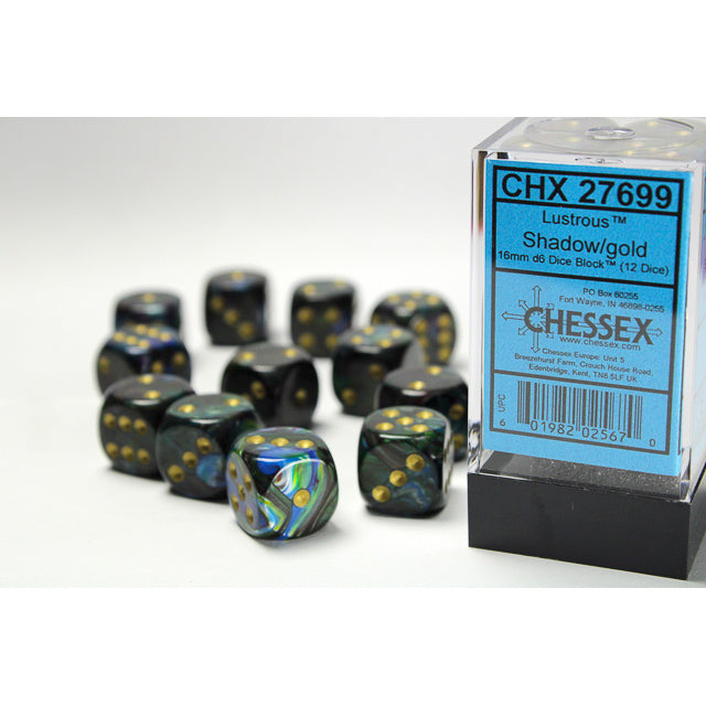 CHX 27699 Lustrous Shadow/gold 16mm d6 Dice Block (12 dice)