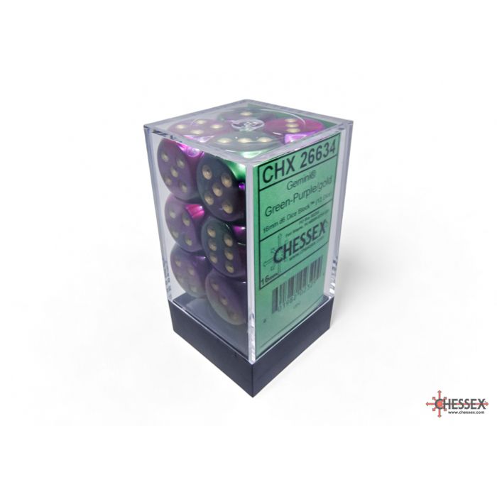 CHX 26634 Gemini Green-Purple/gold 16mm d6 Dice Block (12 dice)