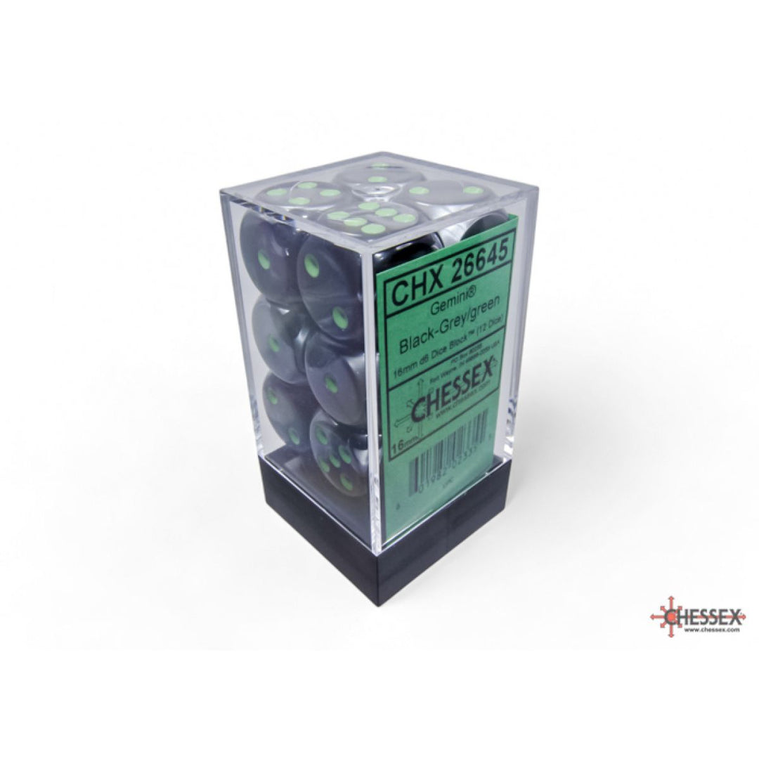 CHX 26645 Gemini Black-Grey/green 16mm d6 Dice Block (12 dice)