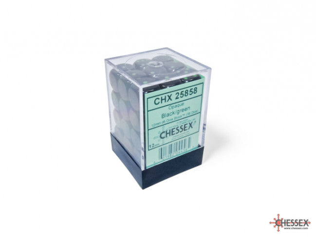 CHX 25858 Opaque 12mm d6 Black/green Dice Block (36 dice)