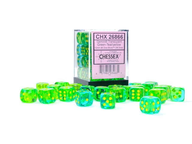 CHX 26866 Gemini 12mm d6 Translucent Green-Teal/Yellow Block (36)