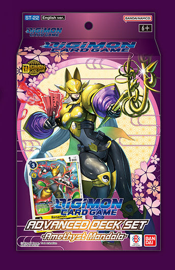 Promotional banner for a 'Advanced Deck Set' featuring a character and packaging on a purple background with floral elements.